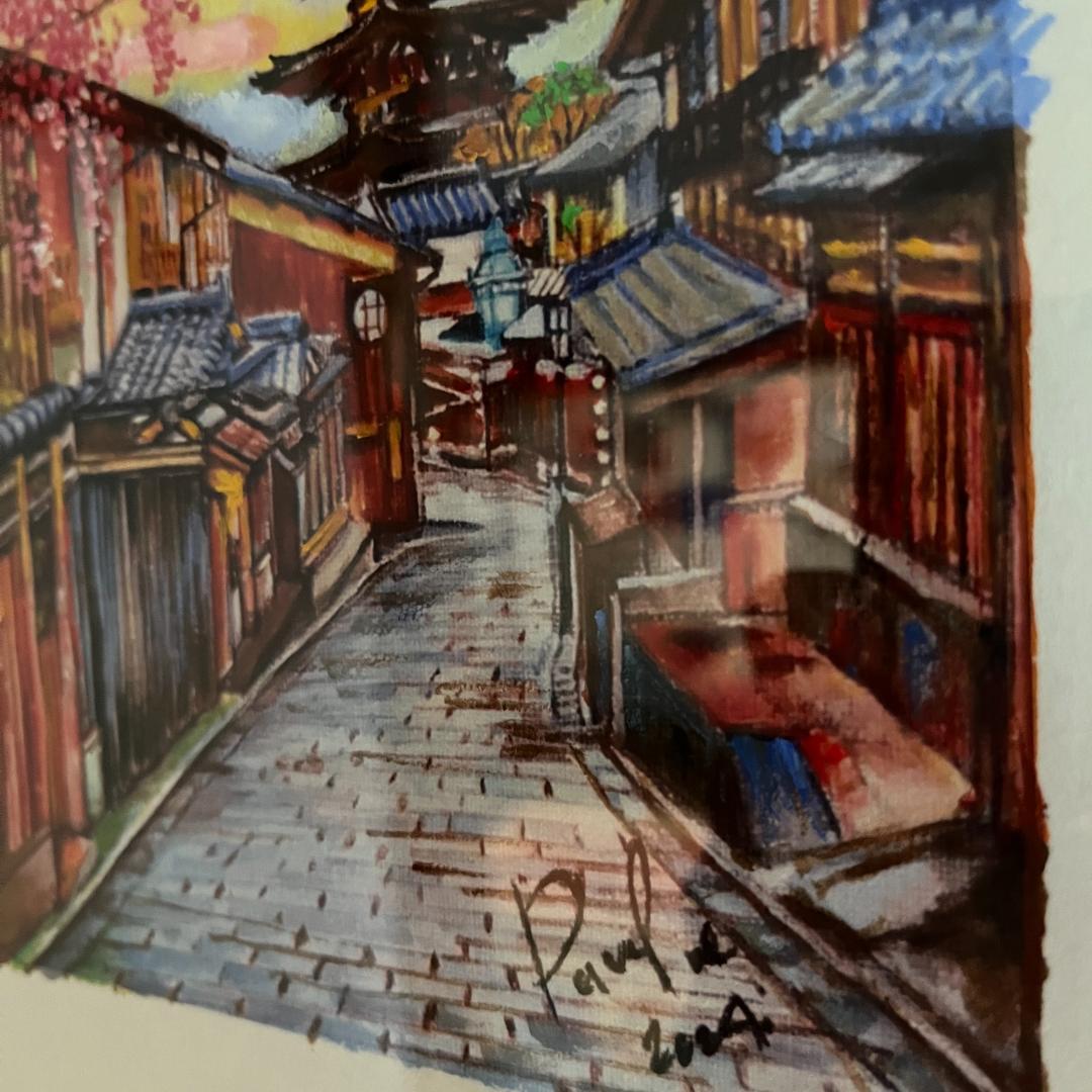 京都祇園の桜と五重塔を描いた水彩画