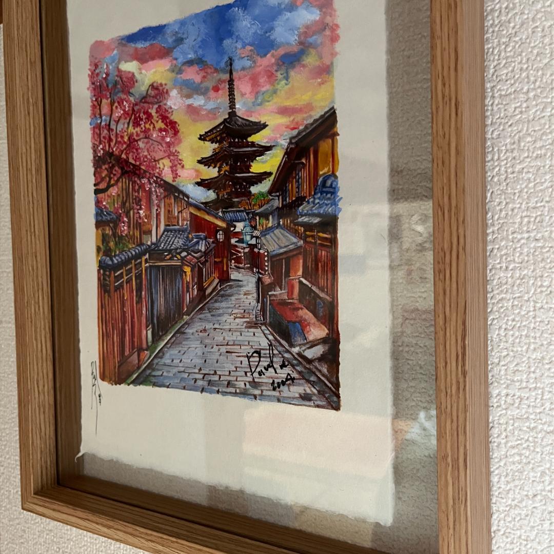 京都祇園の桜と五重塔を描いた水彩画