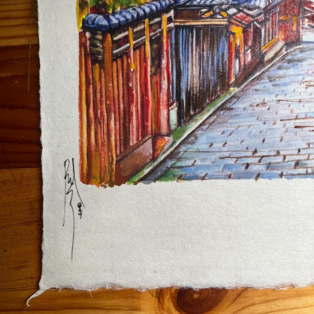 京都祇園の桜と五重塔を描いた水彩画