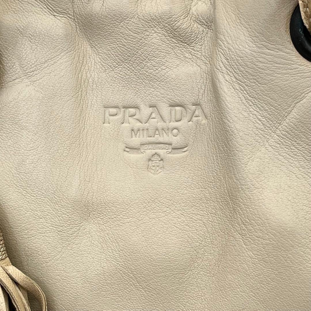 PRADA トートバッグ 肩掛け ロゴ型押し タッセル ナッパレザー ベージュ