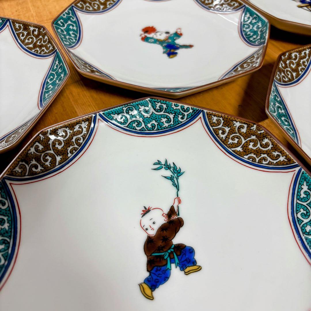 九谷焼　青郊窯　唐子絵変わり　6号皿揃　中皿　銘々皿　八角皿　直径19.5cm