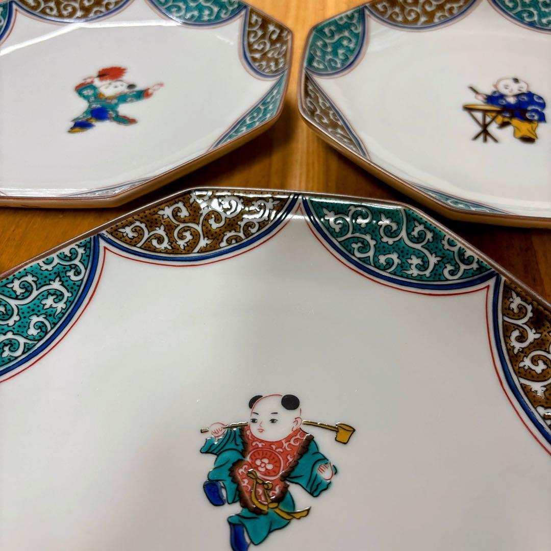 九谷焼　青郊窯　唐子絵変わり　6号皿揃　中皿　銘々皿　八角皿　直径19.5cm