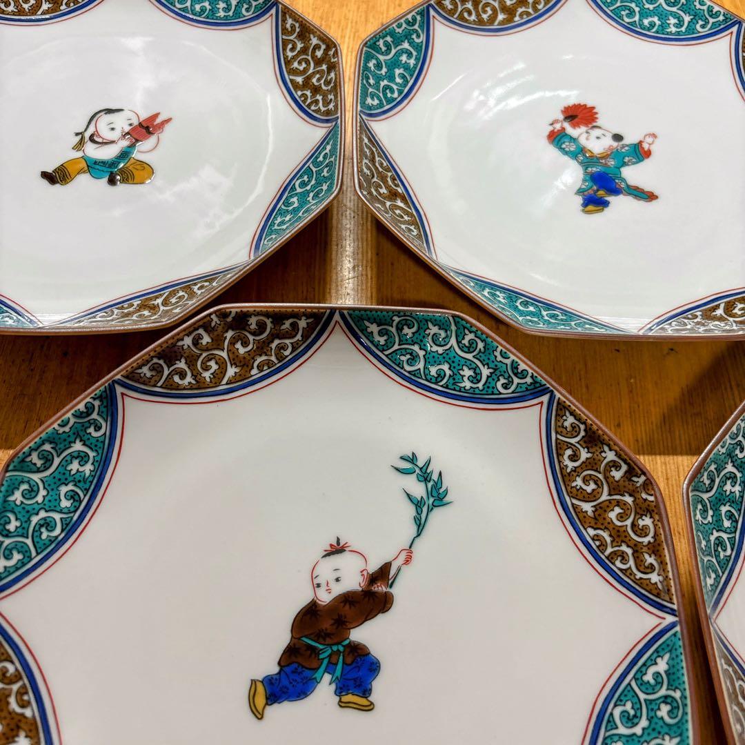 九谷焼　青郊窯　唐子絵変わり　6号皿揃　中皿　銘々皿　八角皿　直径19.5cm
