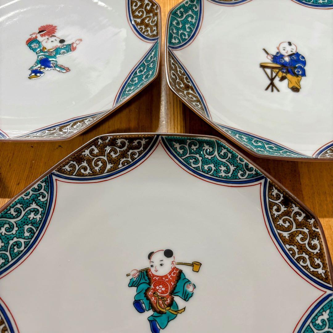 九谷焼　青郊窯　唐子絵変わり　6号皿揃　中皿　銘々皿　八角皿　直径19.5cm