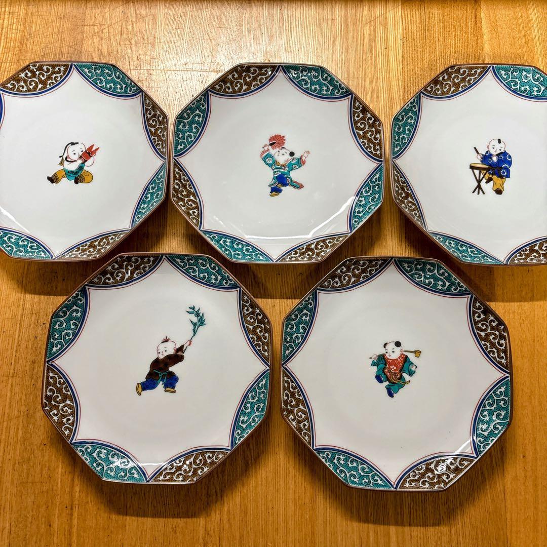 九谷焼　青郊窯　唐子絵変わり　6号皿揃　中皿　銘々皿　八角皿　直径19.5cm