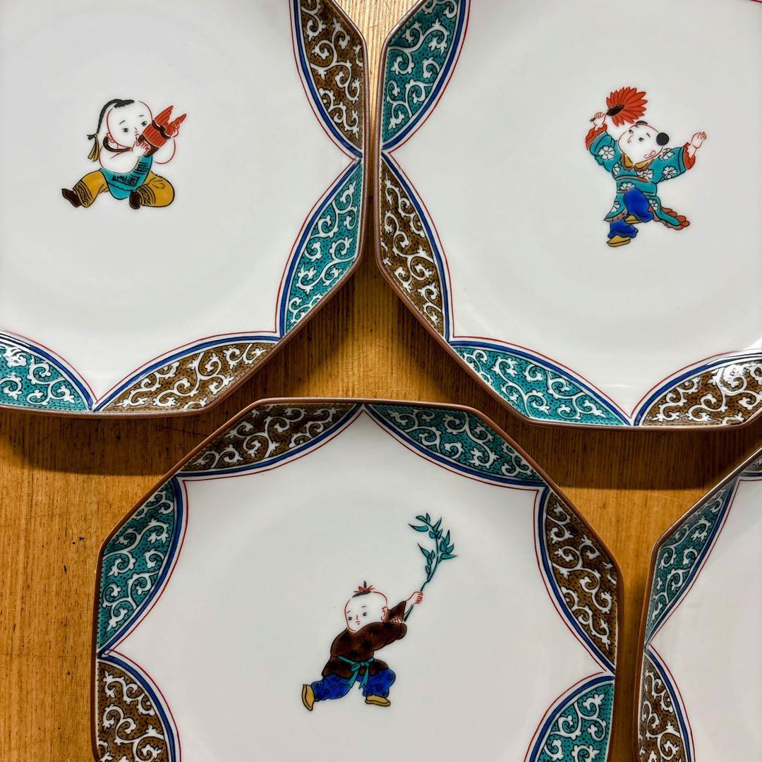 九谷焼　青郊窯　唐子絵変わり　6号皿揃　中皿　銘々皿　八角皿　直径19.5cm