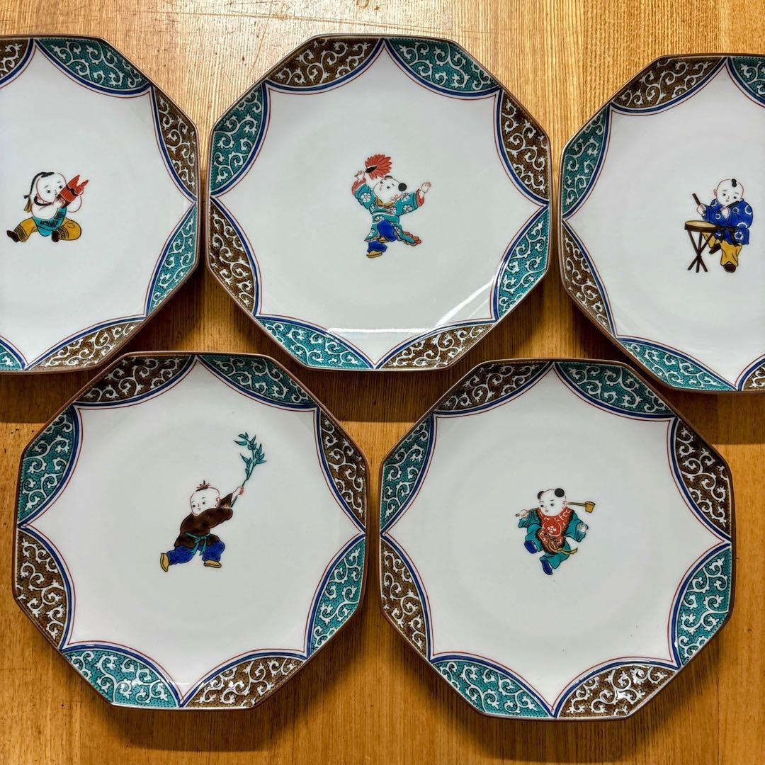 九谷焼　青郊窯　唐子絵変わり　6号皿揃　中皿　銘々皿　八角皿　直径19.5cm