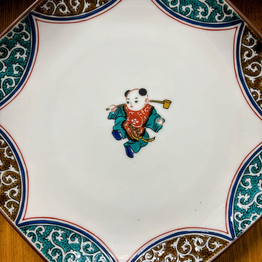 九谷焼　青郊窯　唐子絵変わり　6号皿揃　中皿　銘々皿　八角皿　直径19.5cm