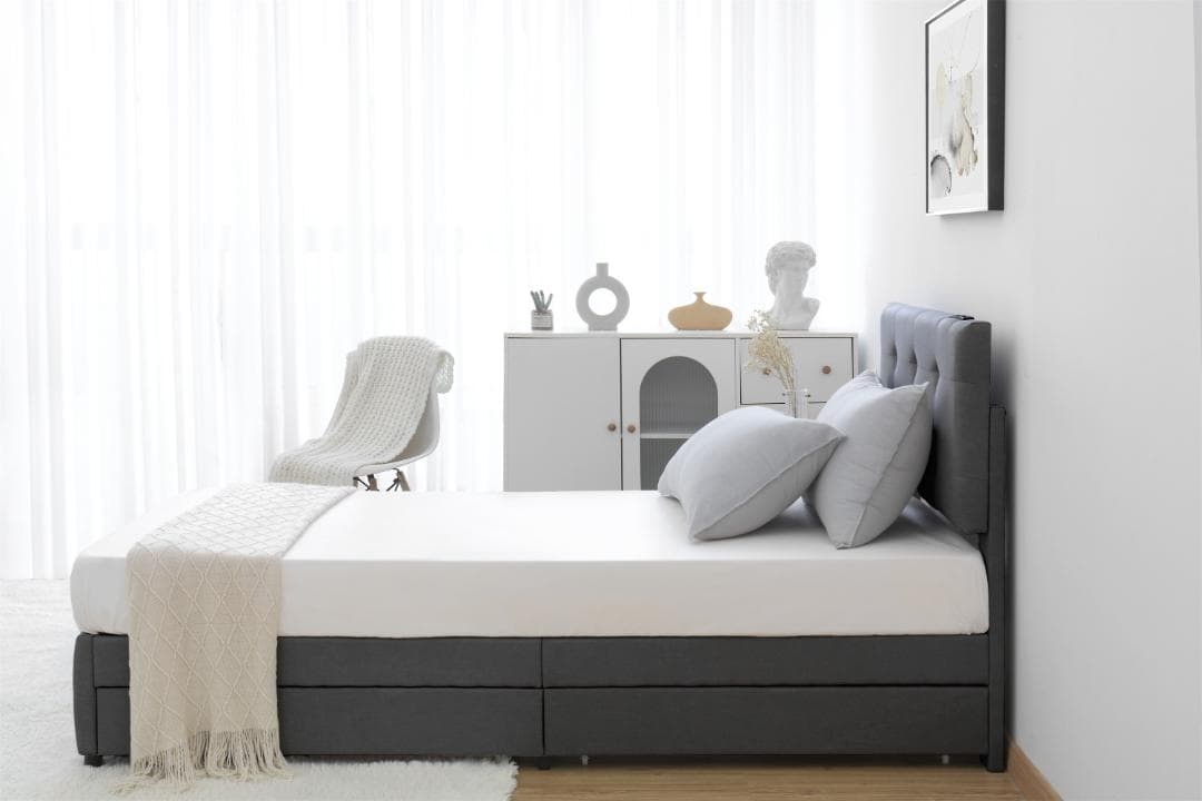 大人気！【D・ダブル】ファブリックベッド引き出し付き 布貼りベッド　ダークグレー