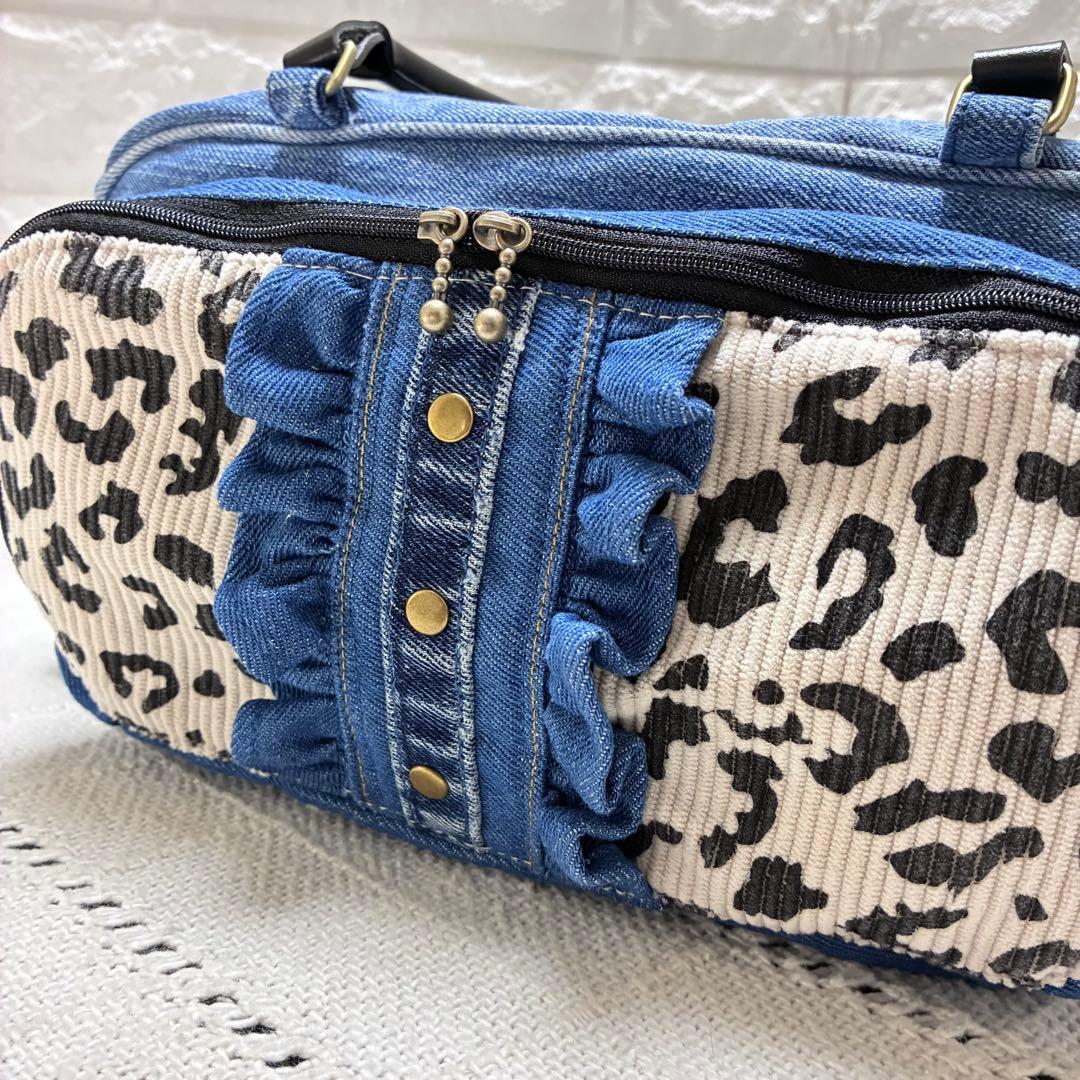 デニムリメイク 立体フロントポケット ミニボストンバッグ レオパード×フリル