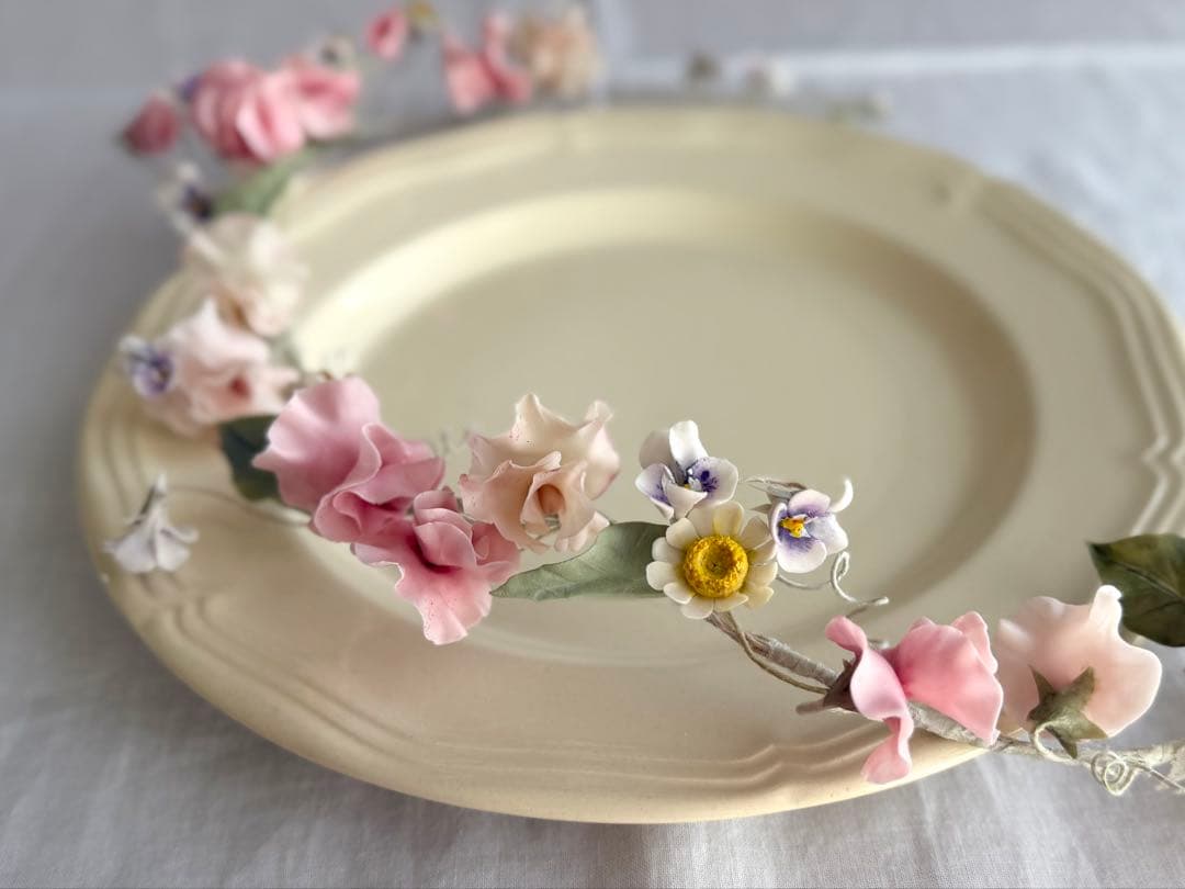 作家ハンドメイド◾️クレイのお花ガーランド◾️フランスアンティーク 布花 インテリア