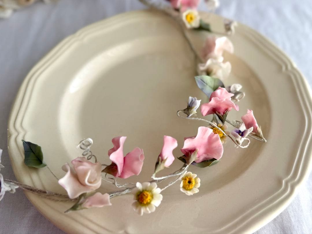 作家ハンドメイド◾️クレイのお花ガーランド◾️フランスアンティーク 布花 インテリア