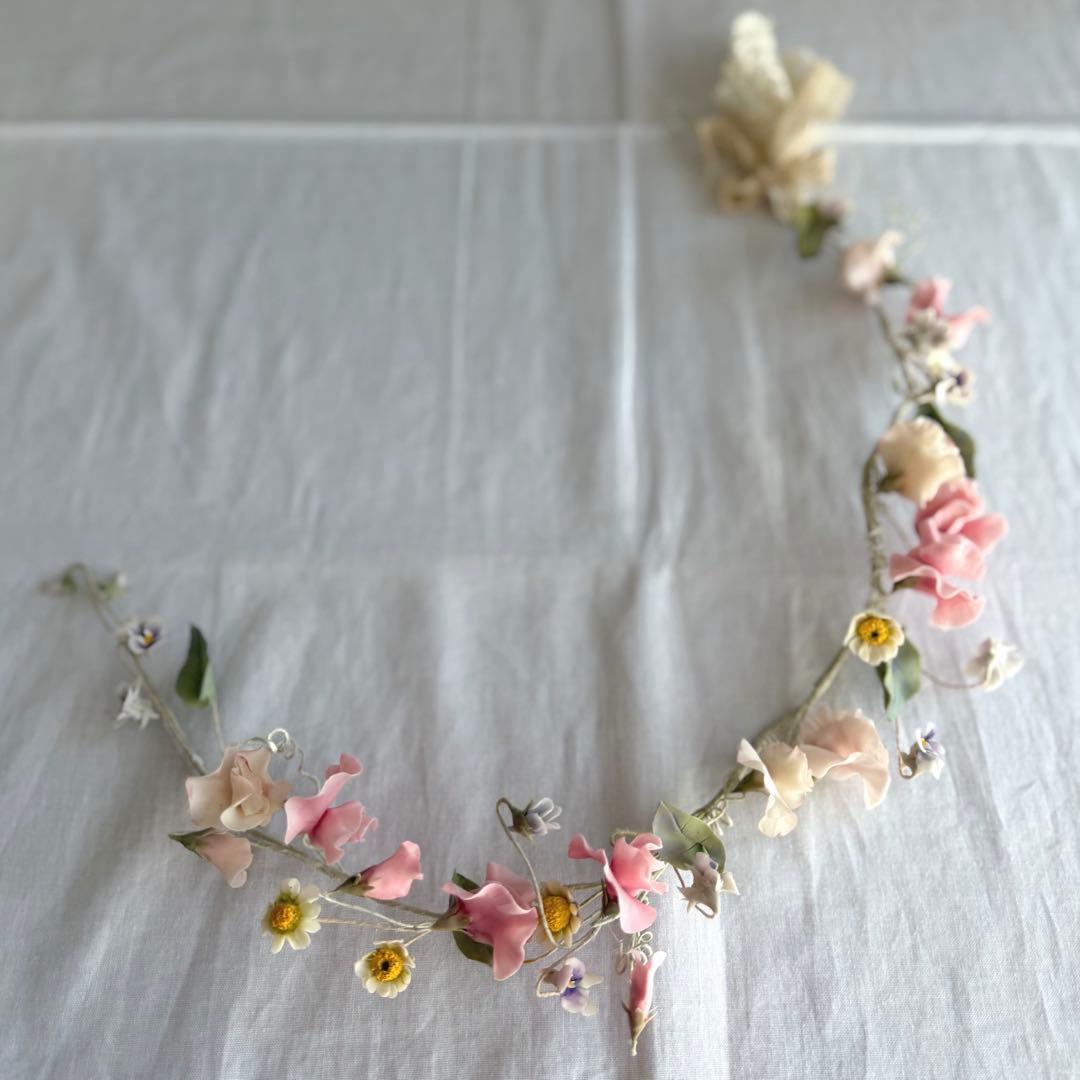 作家ハンドメイド◾️クレイのお花ガーランド◾️フランスアンティーク 布花 インテリア