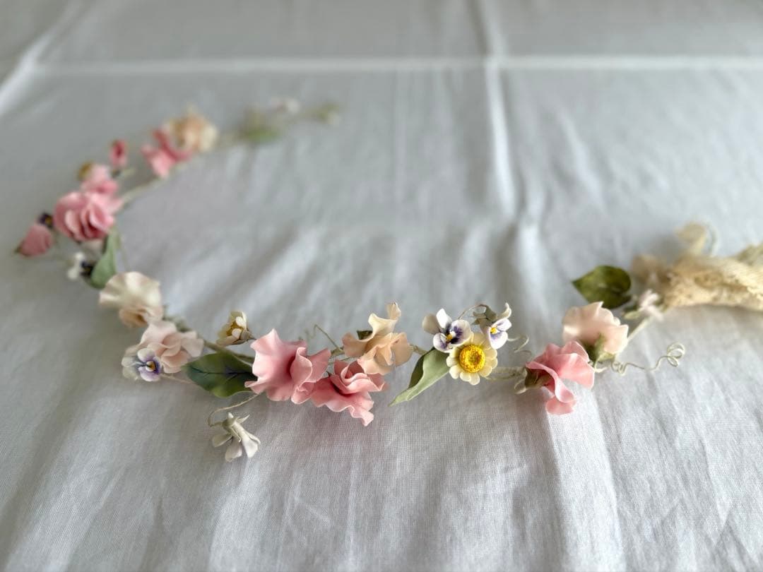 作家ハンドメイド◾️クレイのお花ガーランド◾️フランスアンティーク 布花 インテリア