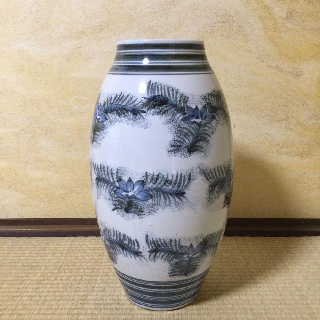 砥部焼 梅山窯 飾り壷 大花瓶 傘立て 青染付 L279