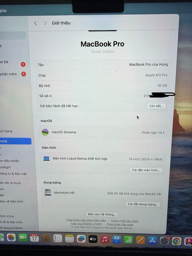 MacBook Pro M3 Pro/メモリ18GB/SSD 1TB/美品