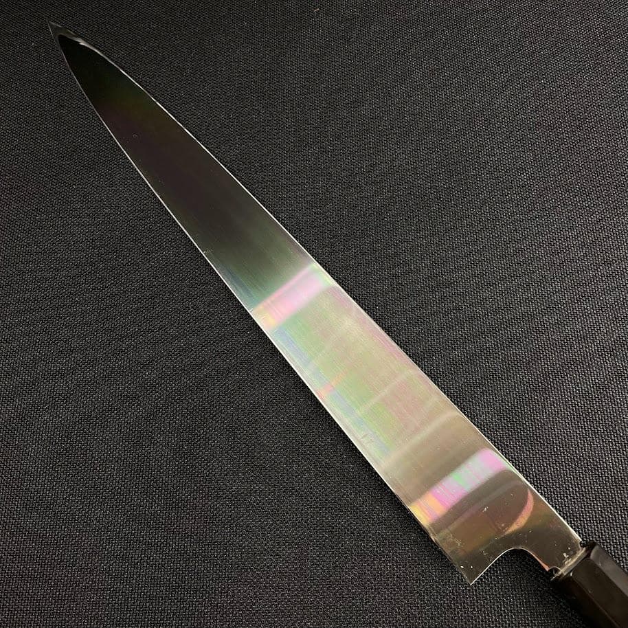 ほぼ未使用●丸越産業● 柳刃包丁 刺身包丁 本焼き 合金鋼 黒檀柄 白木鞘