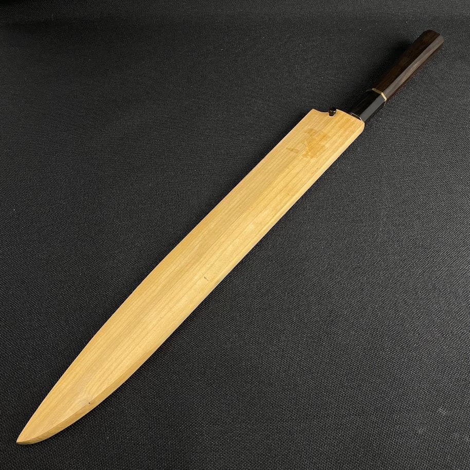 ほぼ未使用●丸越産業● 柳刃包丁 刺身包丁 本焼き 合金鋼 黒檀柄 白木鞘