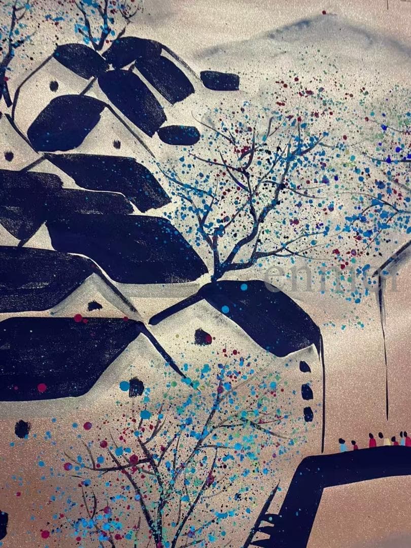 中国古美術・旧藏・近現代・吳冠中款・金箋・山水風景画・中堂掛軸・純手描き・書画