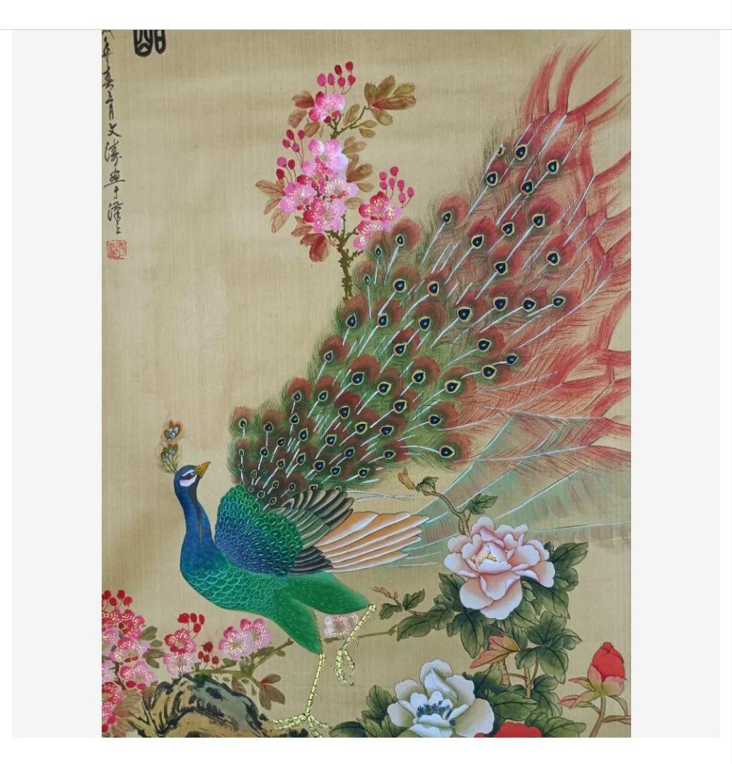 孔雀と蜂の吉祥花図 掛け軸 厄除 金運 縁起物 絵 美術工芸品 開運画 蓮の花