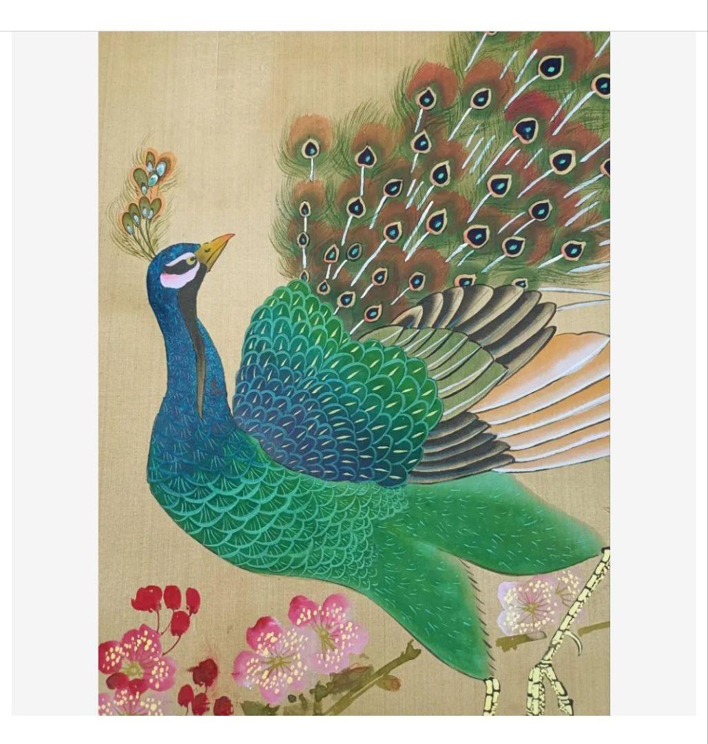 孔雀と蜂の吉祥花図 掛け軸 厄除 金運 縁起物 絵 美術工芸品 開運画 蓮の花