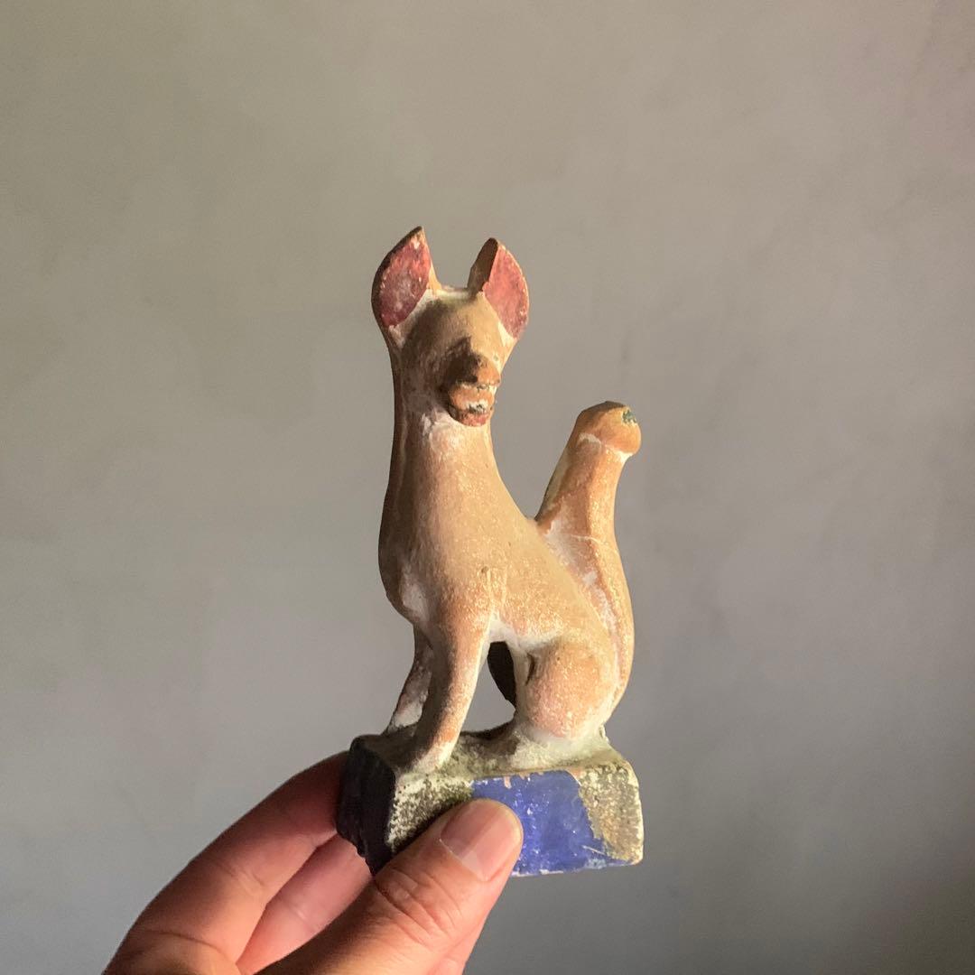 古い 土人形 お稲荷さん 彩色 古道具 アンティーク 古美術 オブジェ 狐