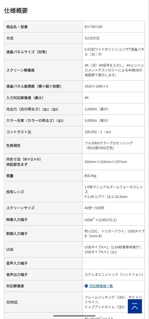 Epson EH-TW7100 プロジェクター