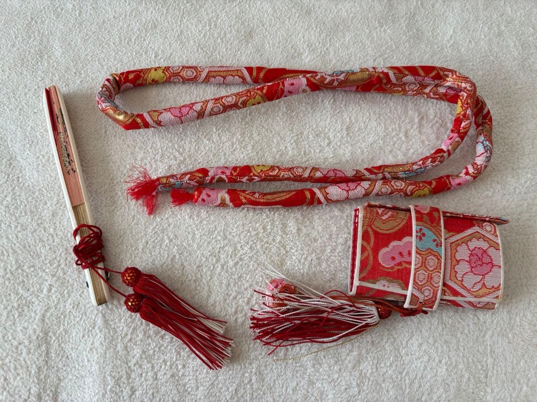 7歳 七五三 着物 帯 小物 セット 赤 刺繍 アンティーク
