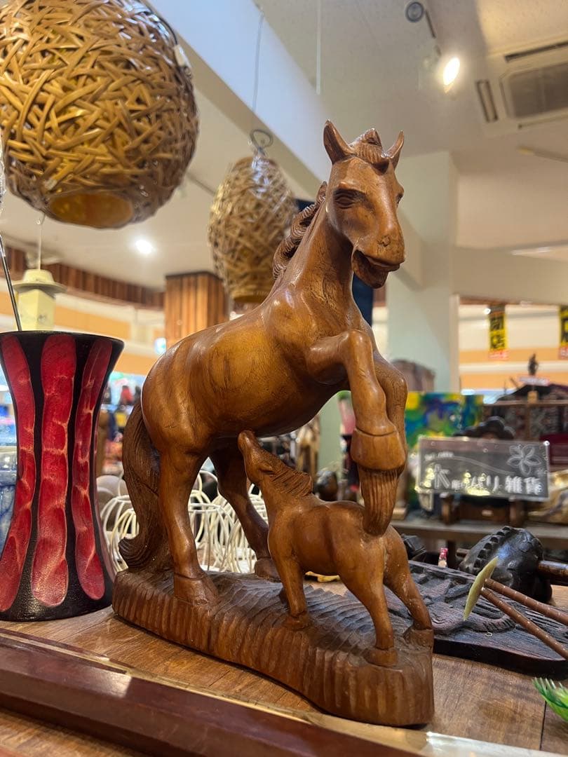 閉店在庫処分◆木製馬と子馬の彫刻 縁起物