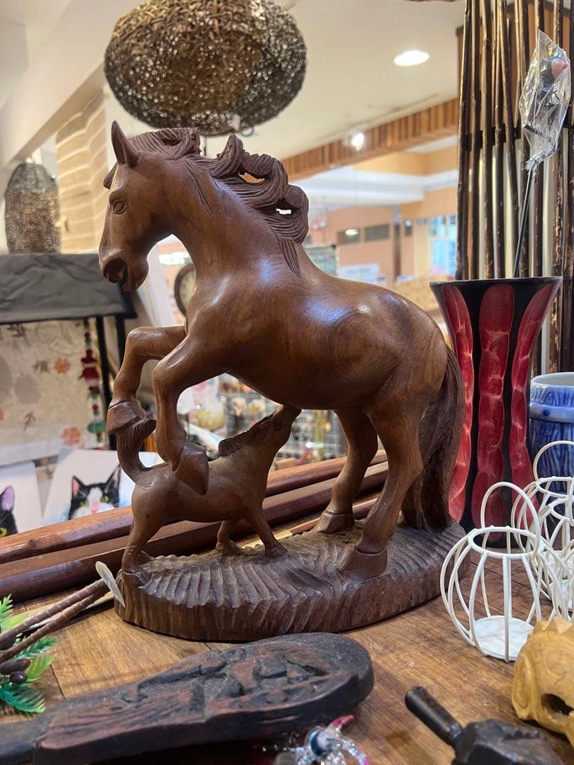 閉店在庫処分◆木製馬と子馬の彫刻 縁起物