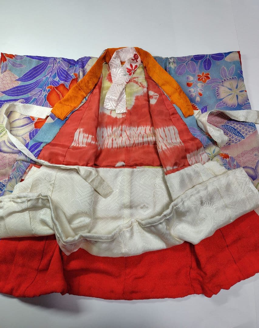 [市松人形　13~15号]　アンティーク錦紗ちりめん　着物(比翼仕立て)と帯一式