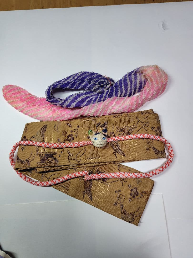 [市松人形　13~15号]　アンティーク錦紗ちりめん　着物(比翼仕立て)と帯一式