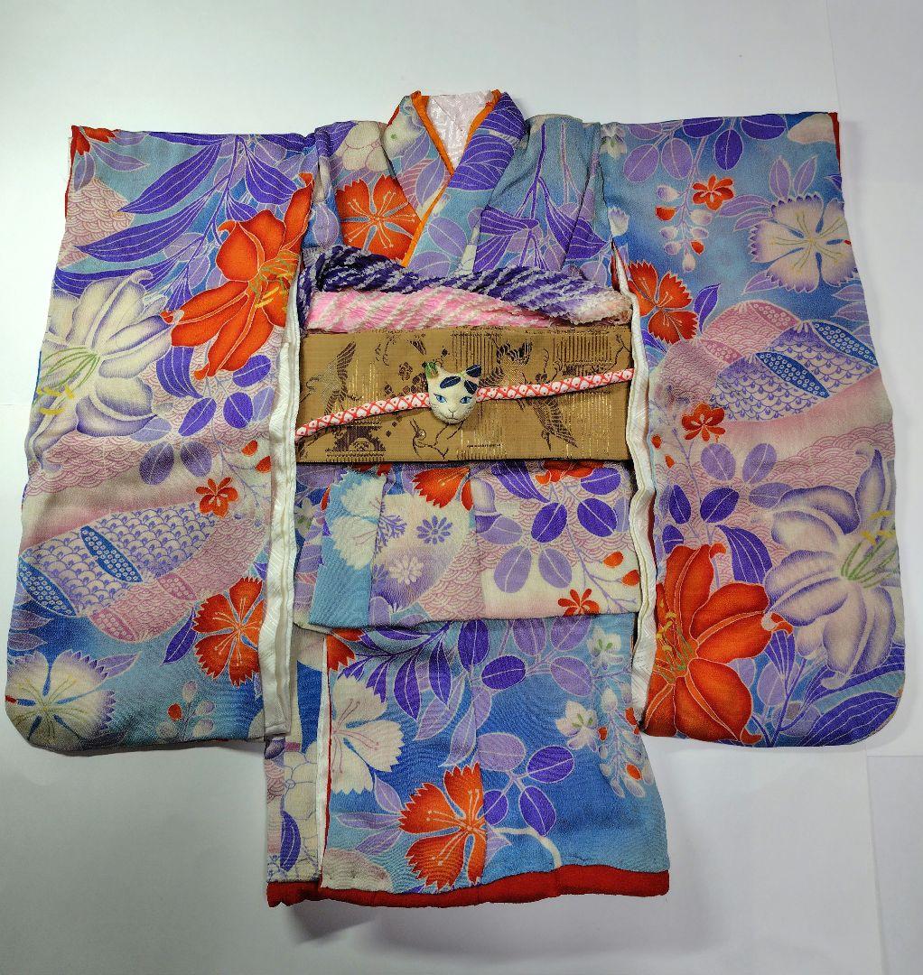 [市松人形　13~15号]　アンティーク錦紗ちりめん　着物(比翼仕立て)と帯一式