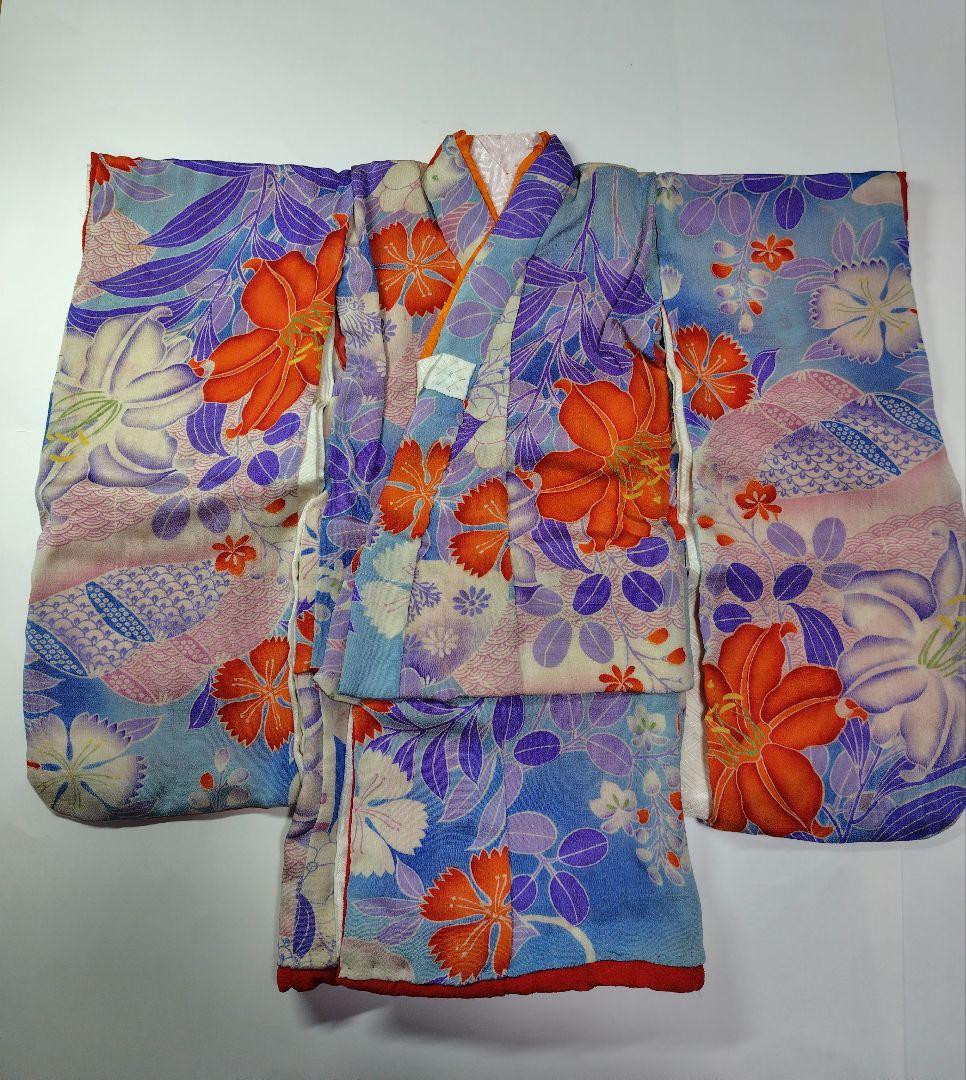 [市松人形　13~15号]　アンティーク錦紗ちりめん　着物(比翼仕立て)と帯一式