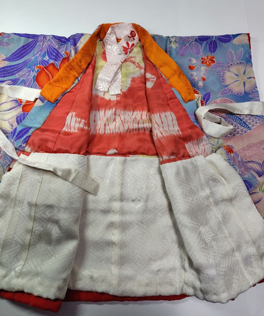 [市松人形　13~15号]　アンティーク錦紗ちりめん　着物(比翼仕立て)と帯一式