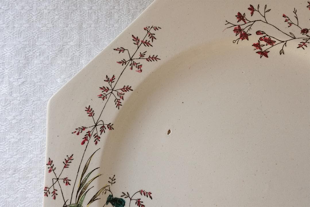 イギリスアンティーク　ボタニカル柄　オクトゴナル　プレート　21.7cm　A