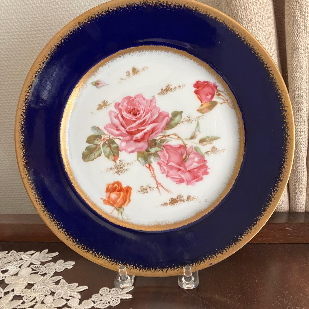 リモージュ　シャルルアレンフェルト　金彩コバルト　ピンクローズのプレート