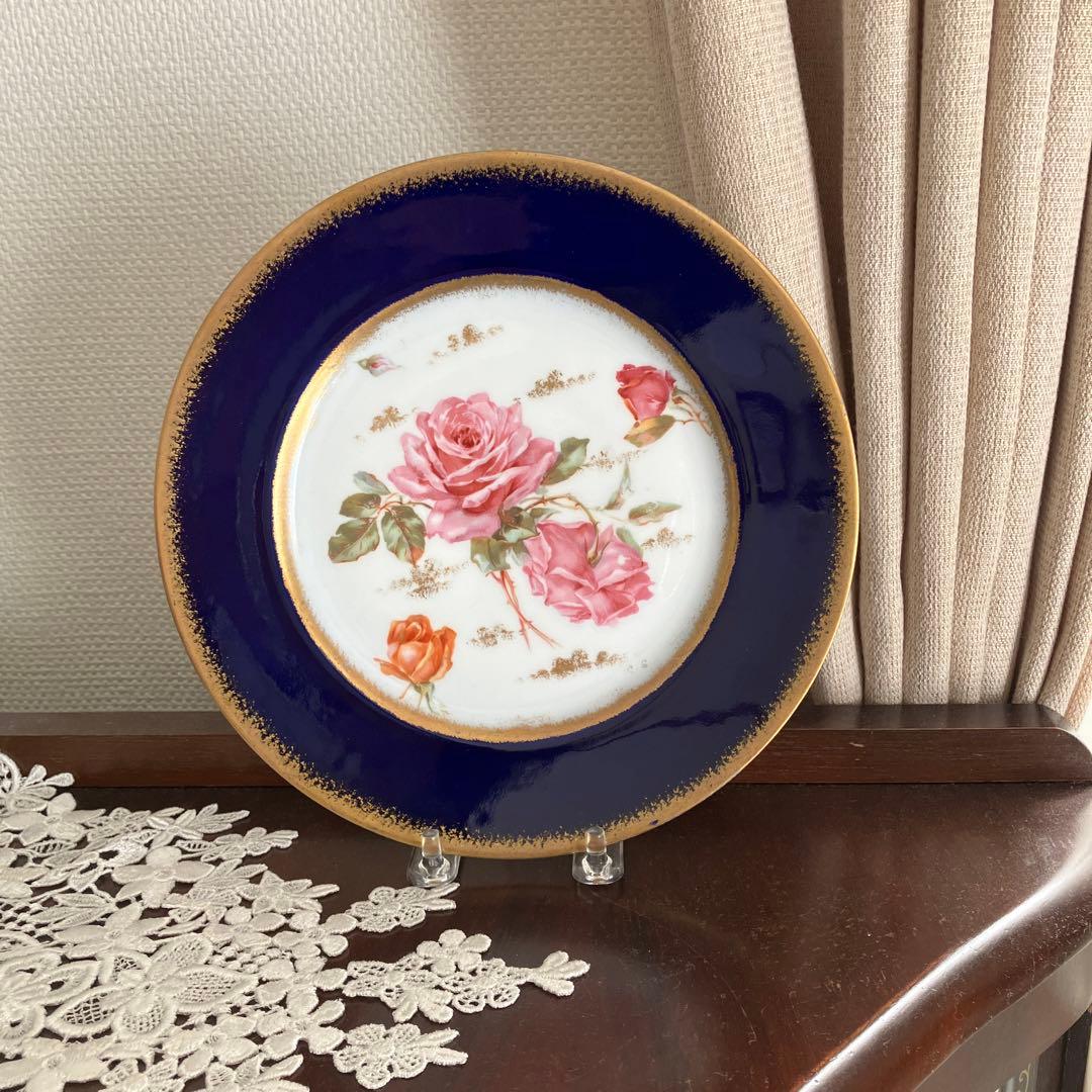 リモージュ　シャルルアレンフェルト　金彩コバルト　ピンクローズのプレート