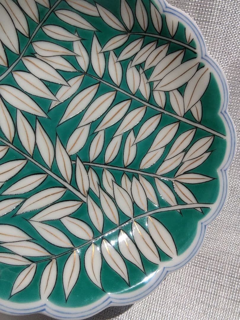 九谷焼青郊窯 銘々皿 緑に葉柄 5号菊皿 5枚 K-22