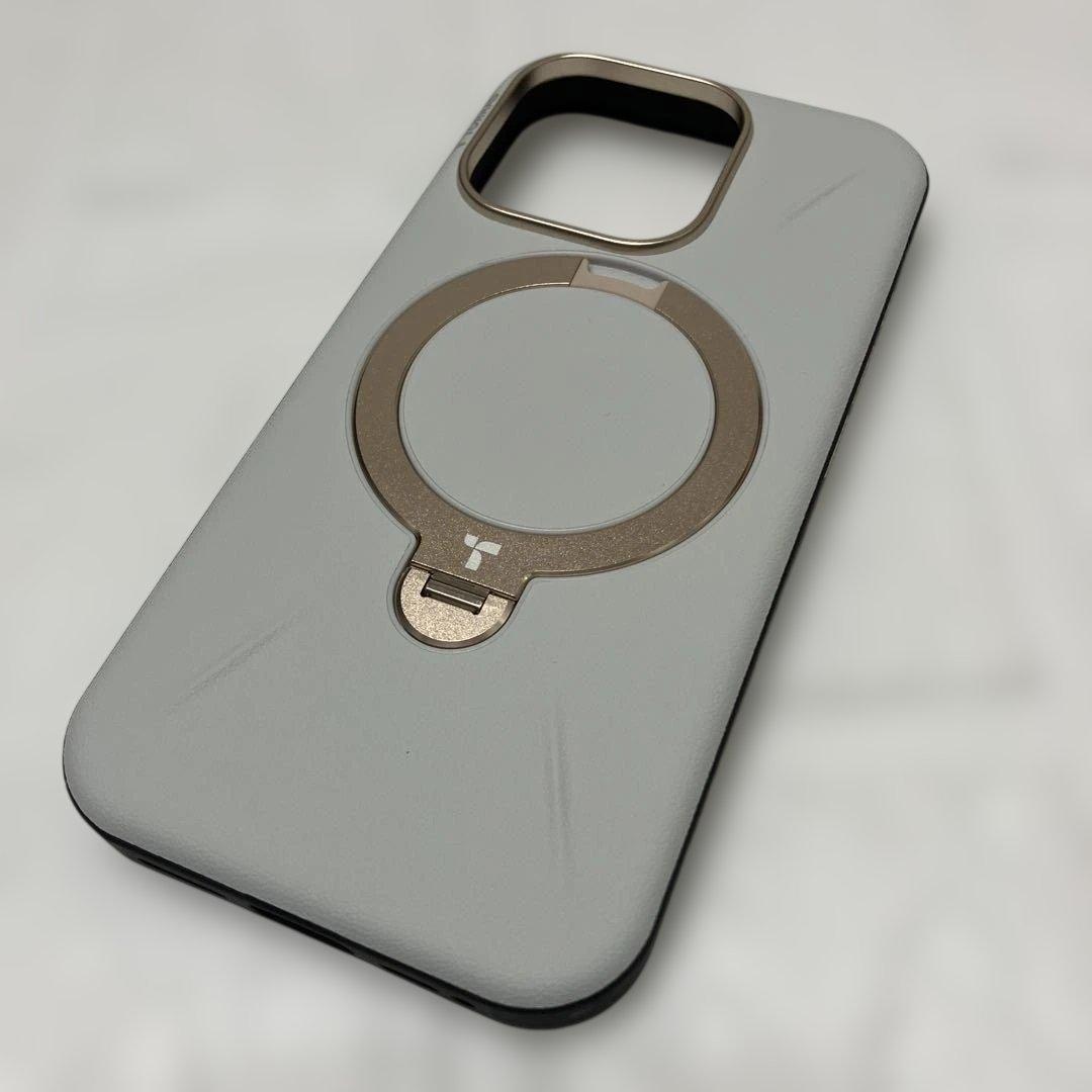 TORRAS iPhone 16 Pro用ケース 革 ゼンマイ式 パールグレー