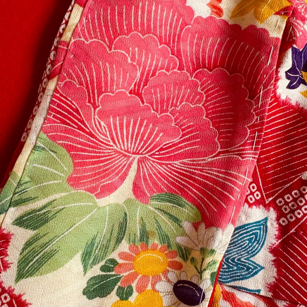 市松人形 8号(32cm)サイズの着物　比翼仕立て　赤地模様　椿紅葉芍薬　え