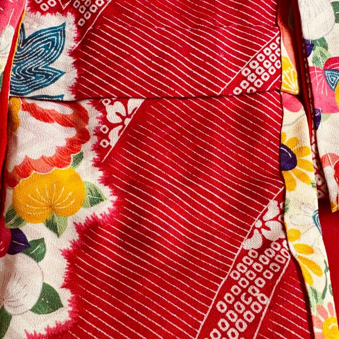 市松人形 8号(32cm)サイズの着物　比翼仕立て　赤地模様　椿紅葉芍薬　え