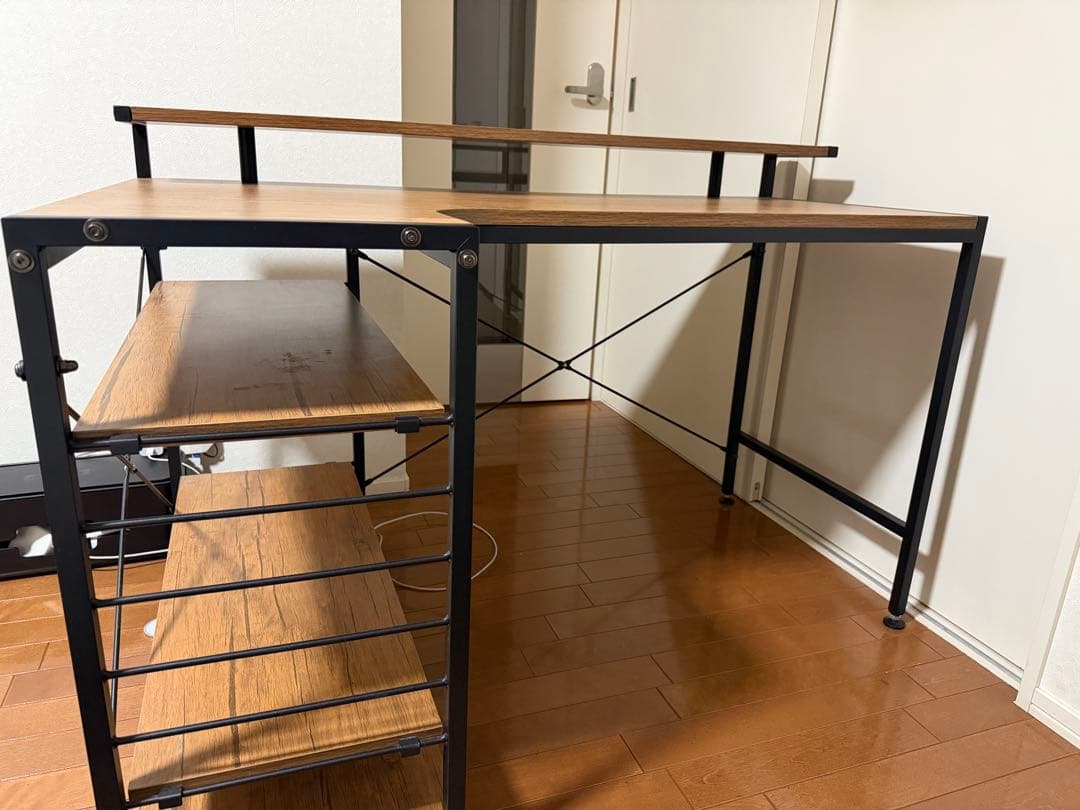 L字型パソコンデスク 木製天板 2段棚付き