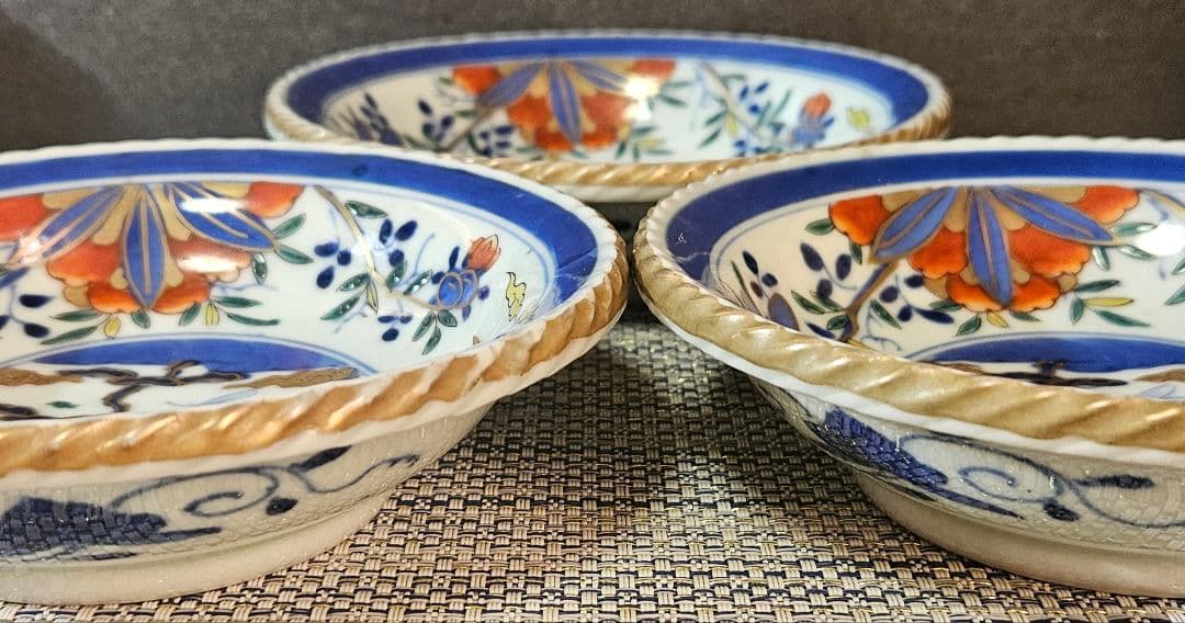 上作品❗】江戸末期　古伊万里　染錦　見込に鹿　花に鳳凰　15.3cm膾皿深皿3客