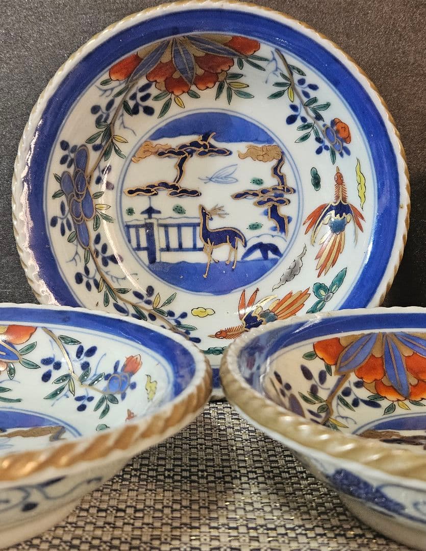 上作品❗】江戸末期　古伊万里　染錦　見込に鹿　花に鳳凰　15.3cm膾皿深皿3客