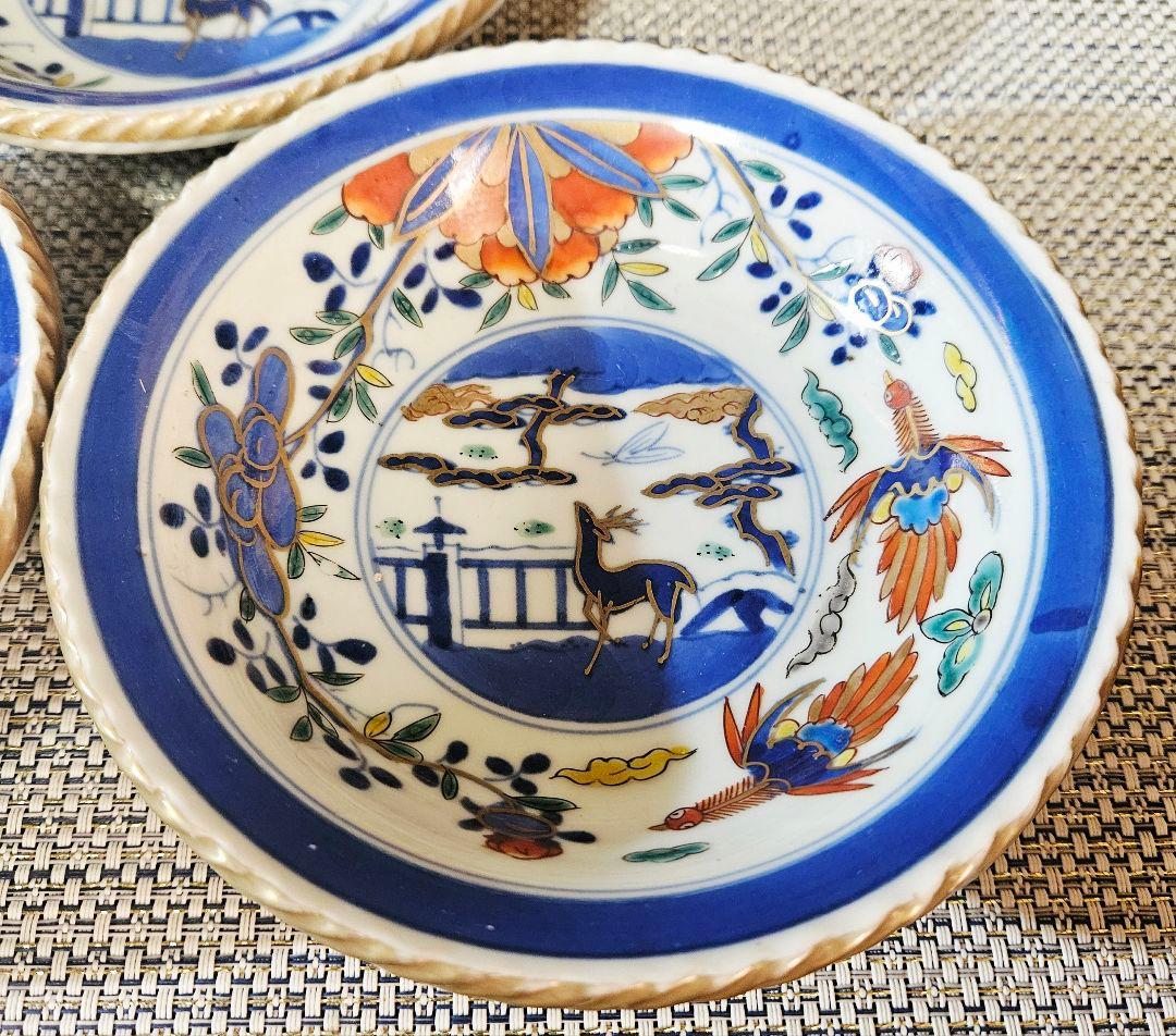 上作品❗】江戸末期　古伊万里　染錦　見込に鹿　花に鳳凰　15.3cm膾皿深皿3客