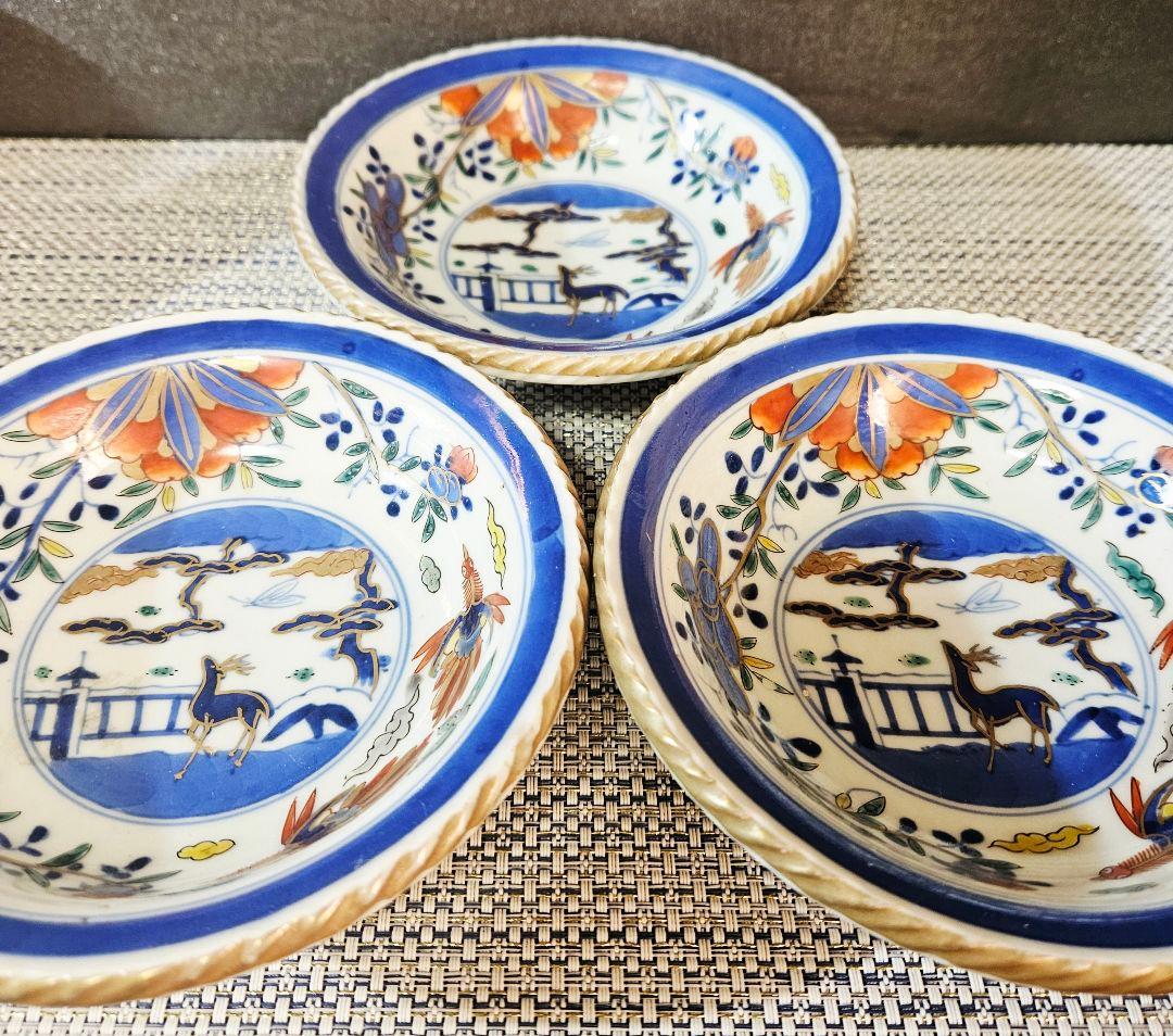 上作品❗】江戸末期　古伊万里　染錦　見込に鹿　花に鳳凰　15.3cm膾皿深皿3客