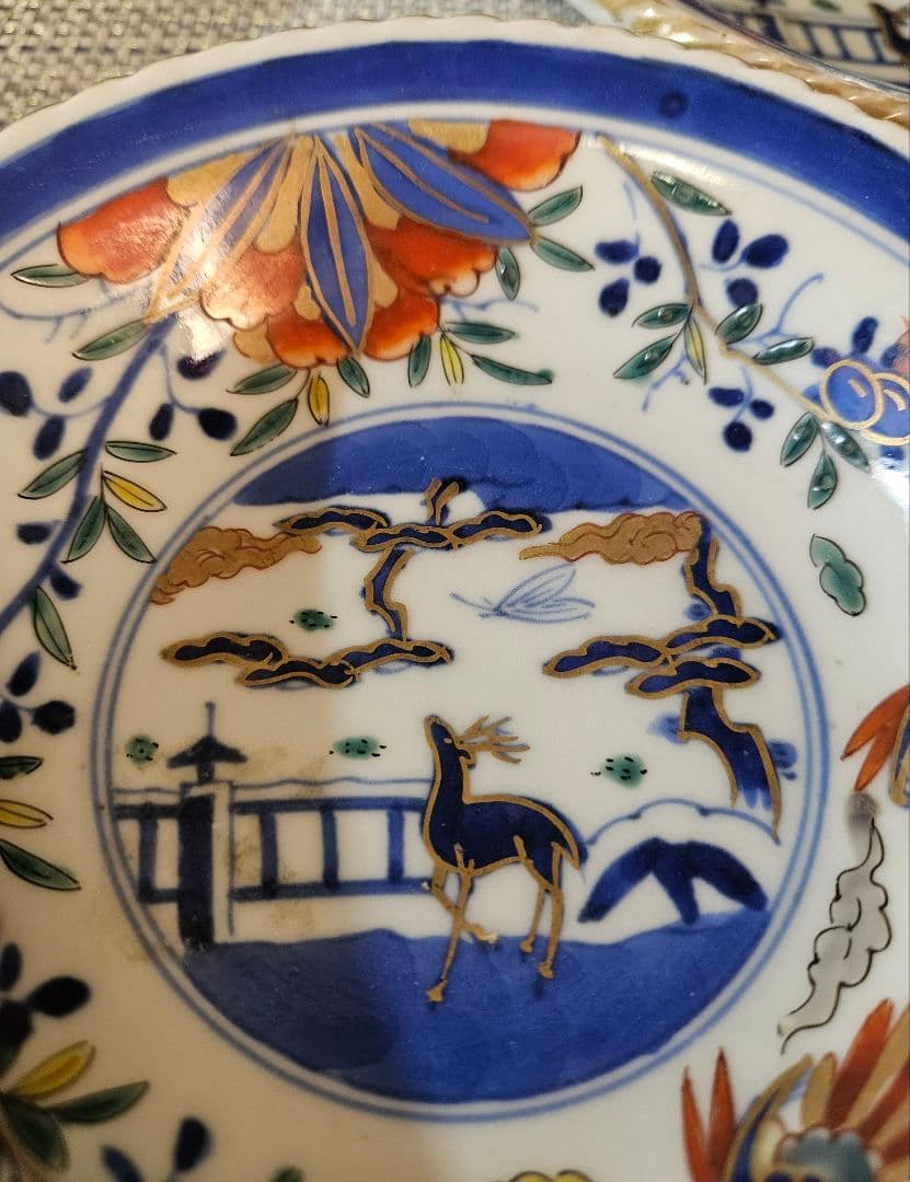 上作品❗】江戸末期　古伊万里　染錦　見込に鹿　花に鳳凰　15.3cm膾皿深皿3客