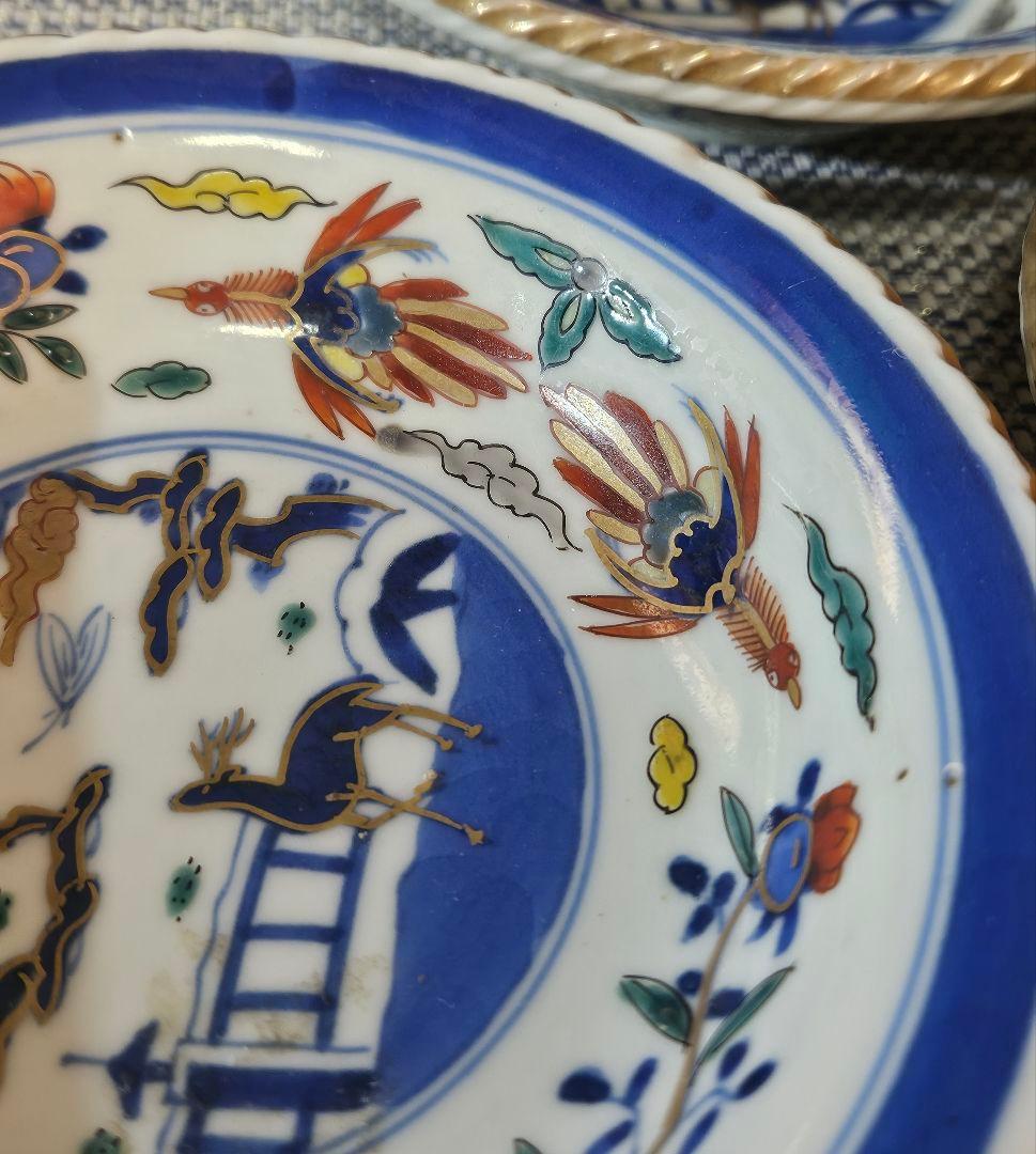 上作品❗】江戸末期　古伊万里　染錦　見込に鹿　花に鳳凰　15.3cm膾皿深皿3客