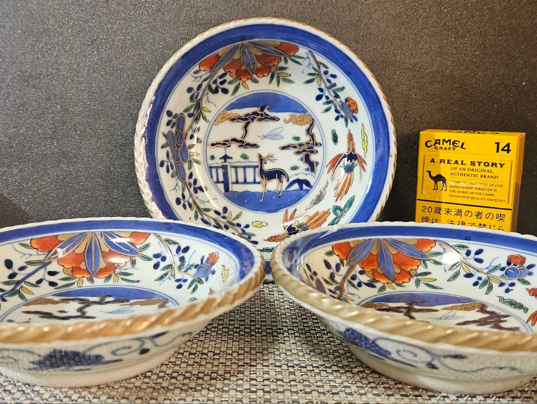 上作品❗】江戸末期　古伊万里　染錦　見込に鹿　花に鳳凰　15.3cm膾皿深皿3客